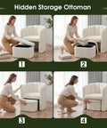 Woman using hidden storage ottoman with Super Snug White Barrel Accent Chair In Thick Teddy Boucle Fleece for living room.