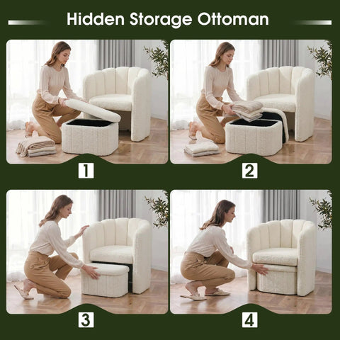 Woman using hidden storage ottoman with Super Snug White Barrel Accent Chair In Thick Teddy Boucle Fleece for living room.