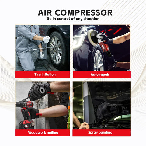 Heavy Duty 9.5 Gallon Air Compressor Delivers Solid 115 Psi Performance Ultra Quiet 70 Decibel Level used for tire inflation and auto repair.
