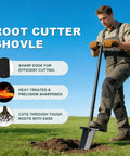 Man using 39 Inch Lightweight Metal Detecting Shovel with V Shaped Serrated Blade for Treasure Hunting and Digging outdoors
