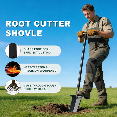 Man using 39 Inch Lightweight Metal Detecting Shovel with V Shaped Serrated Blade for Treasure Hunting and Digging outdoors