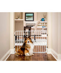 Tuffy Metal Expandable Pet Gate With Small Pet Door, 24 Inch Tall, Expands From 22 To 38 Inches in doorway with small dog sitting.