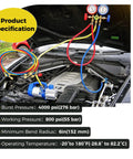 Three Piece 72 Inch Low Loss HVAC Refrigerant Hoses With Compact Ball Valve And Quarter Inch Flare Fittings Color Coded Yellow Red Blue Pro Grade Manifold Hoses For R410A R134A R22 R407C R12 R502 800 PSI Working Pressure shown connected to a car engine.