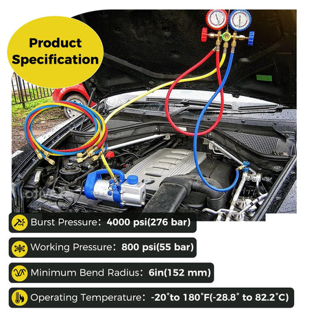 Three Piece 72 Inch Low Loss HVAC Refrigerant Hoses With Compact Ball Valve And Quarter Inch Flare Fittings Color Coded Yellow Red Blue Pro Grade Manifold Hoses For R410A R134A R22 R407C R12 R502 800 PSI Working Pressure shown connected to a car engine.