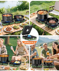 Two Burner Foldable Camping Stove With Carry Bag For Outdoor Cooking on a picnic table, surrounded by people enjoying a meal