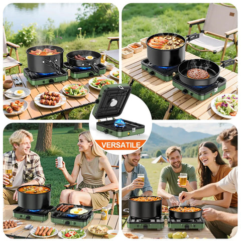 Two Burner Foldable Camping Stove With Carry Bag For Outdoor Cooking on a picnic table, surrounded by people enjoying a meal