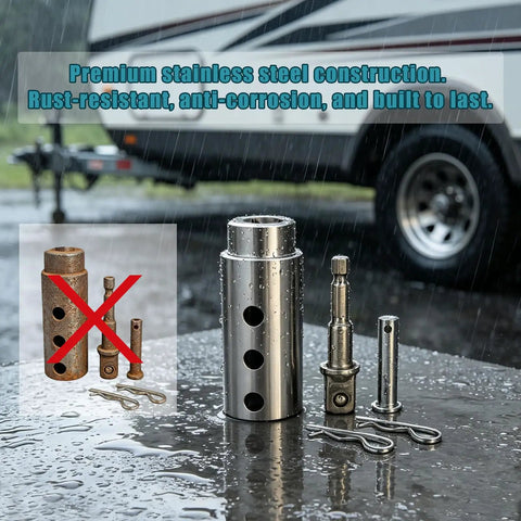 Heavy Duty Stainless Steel Trailer Jack Drill Adapter For 1 Inch Drive Shafts with rust-resistant construction in rain.