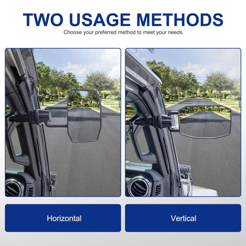 Horizontal and vertical views of Door Off Mirror Upgrade For Jeep Wrangler JL JLU And Gladiator JT 2018-2023 With Quick Release No Wobble Easy Removal Knob Four Adjustable Angles Not For 2024 2025 Models Patented Design
