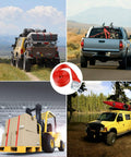 Collage showing uses of 8 Pack 1 Inch By 12 Foot Lashing Tie Down Straps With Cam Buckle 600 Lbs Breaking Strength Carrying Bag Red