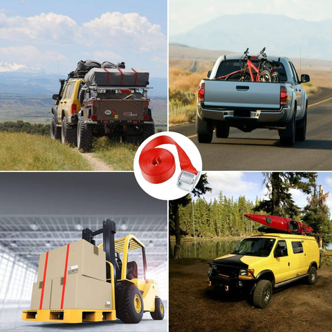 Collage showing uses of 8 Pack 1 Inch By 12 Foot Lashing Tie Down Straps With Cam Buckle 600 Lbs Breaking Strength Carrying Bag Red