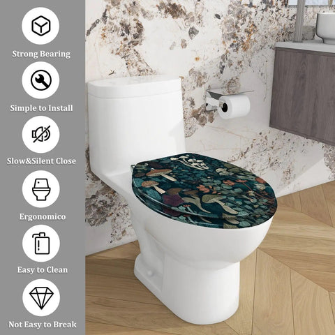 Toilet Seat Elongated Resin for Bathroom Replacement on a toilet with floral design, easy to clean, fits standard size.
