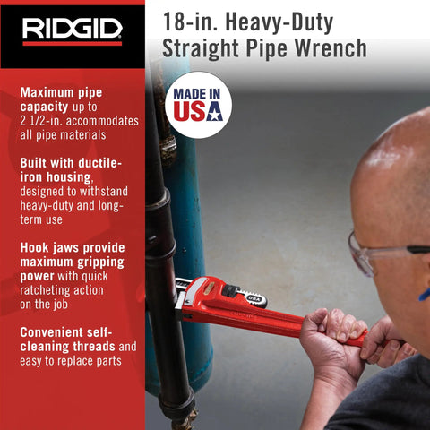Using Heavy-Duty 18-Inch Straight Pipe Wrench for plumbing jobs on a cast-iron pipe with I-beam handle and floating forged hook jaw.