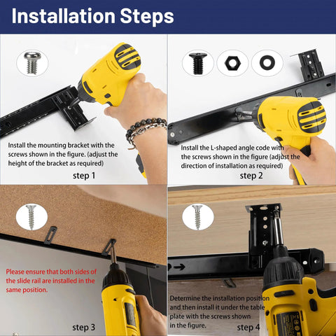 Installation steps for Heavy Duty 14 Inch Keyboard Slide With Ball Bearing Rails, showing mounting bracket, L bracket, and screws setup.