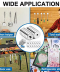 Heavy Duty Badass Neodymium Ultra Rare Earth Cup Magnets With Steel Caps 20 Pound Pull Force Per Piece Total Beast 12 Pack shown in various applications including kitchen and DIY.