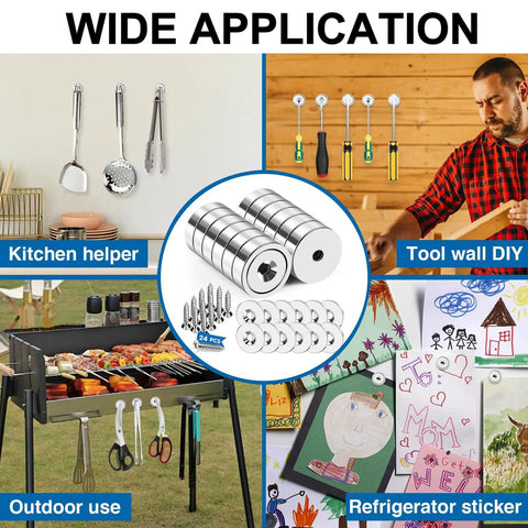 Heavy Duty Badass Neodymium Ultra Rare Earth Cup Magnets With Steel Caps 20 Pound Pull Force Per Piece Total Beast 12 Pack shown in various applications including kitchen and DIY.