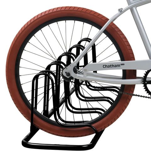 Stash Rack Bike Floor Stand For 2, 4, And 5 Bikes Easy Tool-Free Garage-Ready Storage Organizer holding bicycle wheel