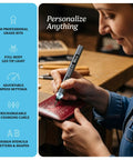 Person using engraving pen for metal, wood, glass, plastic, and all materials with 31 pro grade bits, bright LED light, and 20,000 RPM.