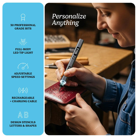 Person using engraving pen for metal, wood, glass, plastic, and all materials with 31 pro grade bits, bright LED light, and 20,000 RPM.