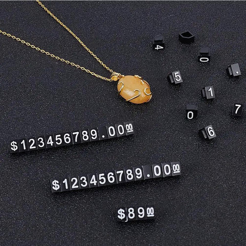 Price Display Cube Tags Set 50 With Adjustable Stand for jewelry shop pricing shown with necklace and black plastic cubes