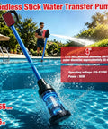 Portable Cordless Stick Water Transfer Pump For Heavy Duty Fluid Moving And Tank Draining, 4 inch pump in pool, blue frame.