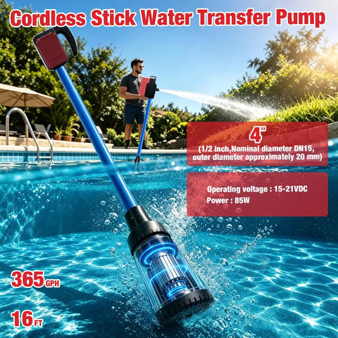 Portable Cordless Stick Water Transfer Pump For Heavy Duty Fluid Moving And Tank Draining, 4 inch pump in pool, blue frame.