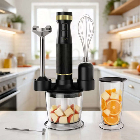 Kitchen Beast 1200W Handheld Immersion Blender Kit With Five Must Have Attachments for quick soup blending, smoothie creation, and baby food preparation.
