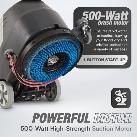 Battery Powered Walk Behind Floor And Carpet Scrubber Buffer Polisher With 16 Inch Brush showing 500-Watt brush motor and squeegee design.