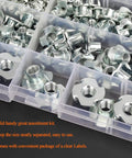Premium Heavy Duty Zinc Plated Carbon Steel T Nuts Assortment Kit 120 Piece Set M3 M4 M5 M6 M8 in a clear storage box.
