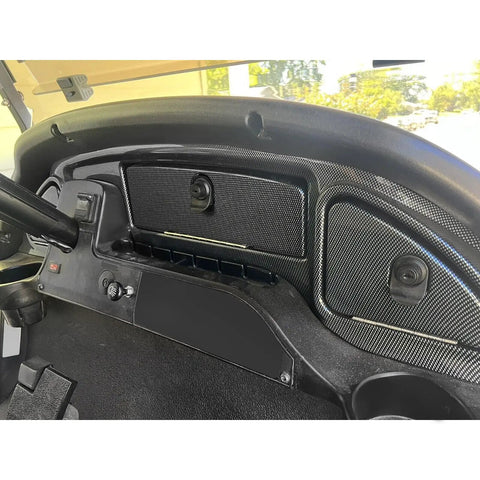 Premium Carbon Fiber Golf Cart Dash Cover For Club Car Precedent Tempo Onward 2008 5 Up Screw On Setup showing snug fit over dashboard.