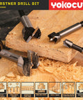 16 Piece Forstner Bit Set With Hex Shank Design showing drill bits on wood, high-carbon steel, precise clean holes in wood.