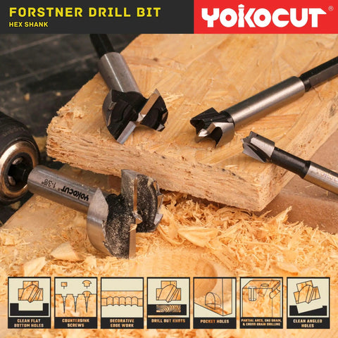 16 Piece Forstner Bit Set With Hex Shank Design showing drill bits on wood, high-carbon steel, precise clean holes in wood.