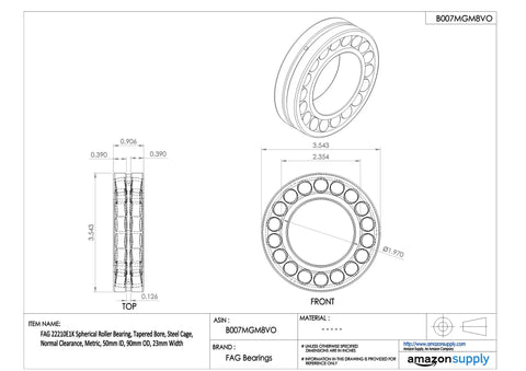 Rock Solid Double Row Spherical Roller Bearing Measuring 50 By 90 By 23 Millimeters featuring tapered bore and steel cage, detailed dimensions chart.