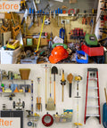 Before and after image showing garage organization with Heavy Duty Garage Hooks 24 Piece Set With 6 Sizes Wall Mount Iron Anti Slip Storage Hanger Organizer For Ladders Power Tools Bikes Ropes And More Includes Holder Strap For Maximum Garage Organization For Gear Heads.