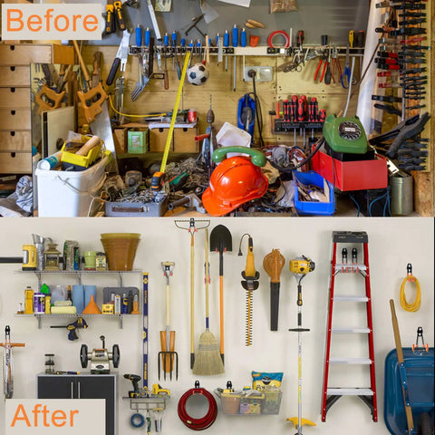 Before and after image showing garage organization with Heavy Duty Garage Hooks 24 Piece Set With 6 Sizes Wall Mount Iron Anti Slip Storage Hanger Organizer For Ladders Power Tools Bikes Ropes And More Includes Holder Strap For Maximum Garage Organization For Gear Heads.