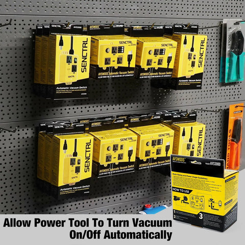 SENCTRL Automatic Vacuum Switch packaging on pegboard display; yellow boxes with device image.