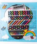 Self Adhesive Science Fair Project Kit With 96 Pieces Including Eight Letter Stickers Ten Presentation Subtitles Six Solid Color Letter Sets Ten Wavy Border Stickers Fill In The Blank Tags And Bulletin Board Border Decor For Classroom Black in packaging with colorful patterns.