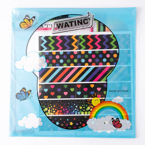 Self Adhesive Science Fair Project Kit With 96 Pieces Including Eight Letter Stickers Ten Presentation Subtitles Six Solid Color Letter Sets Ten Wavy Border Stickers Fill In The Blank Tags And Bulletin Board Border Decor For Classroom Black in packaging with colorful patterns.