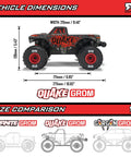 Quake GROM 4x4 RC Monster Truck One Sixteenth Scale dimensions with side view illustration highlighting size comparison.
