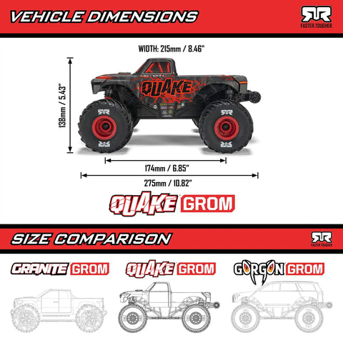 Quake GROM 4x4 RC Monster Truck One Sixteenth Scale dimensions with side view illustration highlighting size comparison.