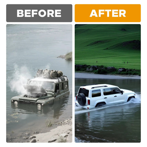 Before and after using High Flow Differential Breather Kit for 4x4 off-road Jeeps and trucks crossing water safely.