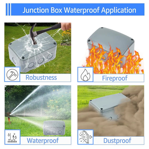 Tough As Nails Outdoor Junction Box Waterproof Weatherproof IP66 showing robustness, fireproof, waterproof, and dustproof features.