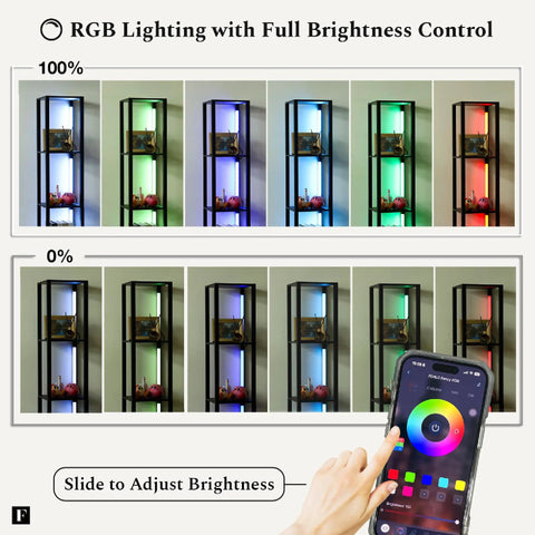 Fancy LED Display Shelf With Dimmable Lights, Modern Floor Lamp Cabinet With Four Adjustable LED Poles, brightness control demo