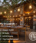 Outdoor cafe with warm 50Ft Outdoor String Lights With 27 Edison Dimmable LED Bulbs Weatherproof and Shatterproof for cozy ambiance.
