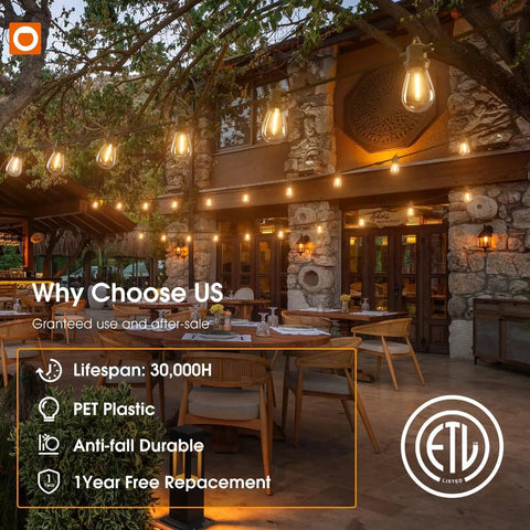 Outdoor cafe with warm 50Ft Outdoor String Lights With 27 Edison Dimmable LED Bulbs Weatherproof and Shatterproof for cozy ambiance.