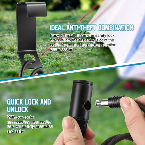 Close-up of Heavy Duty Cooler Lock Bracket with Security Cable featuring quick lock mechanism in outdoor setting