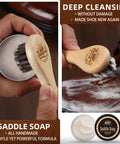 Saddle soap application with horsehair brush in hands for deep cleansing leather from Premium Eleven Piece Leather Care Kit.