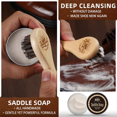 Saddle soap application with horsehair brush in hands for deep cleansing leather from Premium Eleven Piece Leather Care Kit.