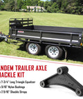 Black tandem trailer with axle and shackle kit features. Trailer Shackle Kit For Tandem Axle With Double Eye Springs For 3.5K To 5.2K Axles Includes Equalizer Nylon Bushings Shackle Straps Long Bolts And Locking Nuts Built Tough Outdoor Ready Hardware.