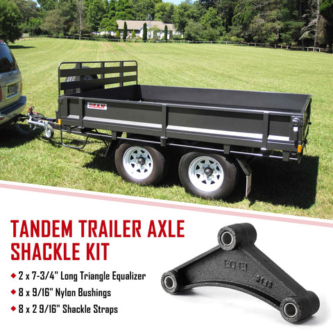 Black tandem trailer with axle and shackle kit features. Trailer Shackle Kit For Tandem Axle With Double Eye Springs For 3.5K To 5.2K Axles Includes Equalizer Nylon Bushings Shackle Straps Long Bolts And Locking Nuts Built Tough Outdoor Ready Hardware.