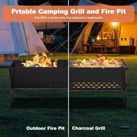 Two Pack Portable Folding Charcoal Grill Set For Camping And Backyard Barbecues with 31 Inch Fire Pit in Camp Setting